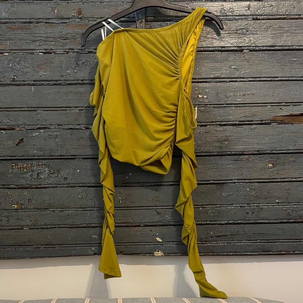 Vintage Olive Green Ruched One-Shoulder Top
